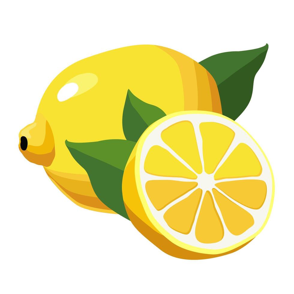 Juicy and healthy yellow lemon and half with green leaves isolated on white background. Vector fruit illustration in flat style. Summer clipart for design of card, banner, flyer, sale, poster, icons