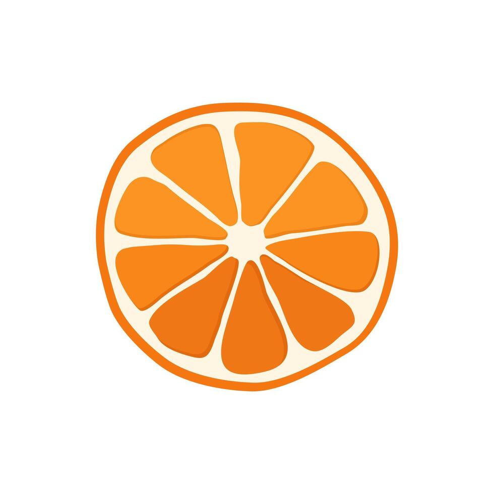 Juicy and healthy thin slice of red orange isolated on white background. Vector sliced fruit illustration in flat style. Summer clipart for design of card, banner, flyer, sale, poster, icons