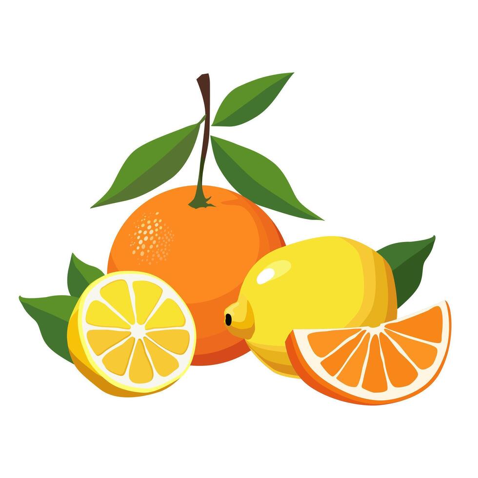 Set of juicy and healthy yellow lemon and red orange isolated on white background. Vector sliced fruit illustration in flat style. Summer clipart for design of card, banner, flyer, sale, poster, icons