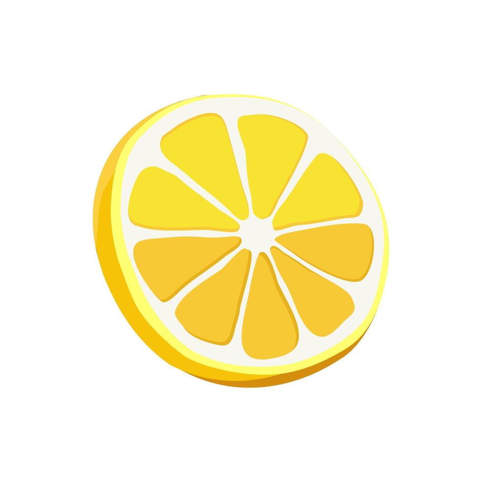 Juicy and healthy yellow thin slice of lemon isolated on white background. Vector sliced fruit illustration in flat style. Summer clipart for design of card, banner, flyer, sale, poster, icons