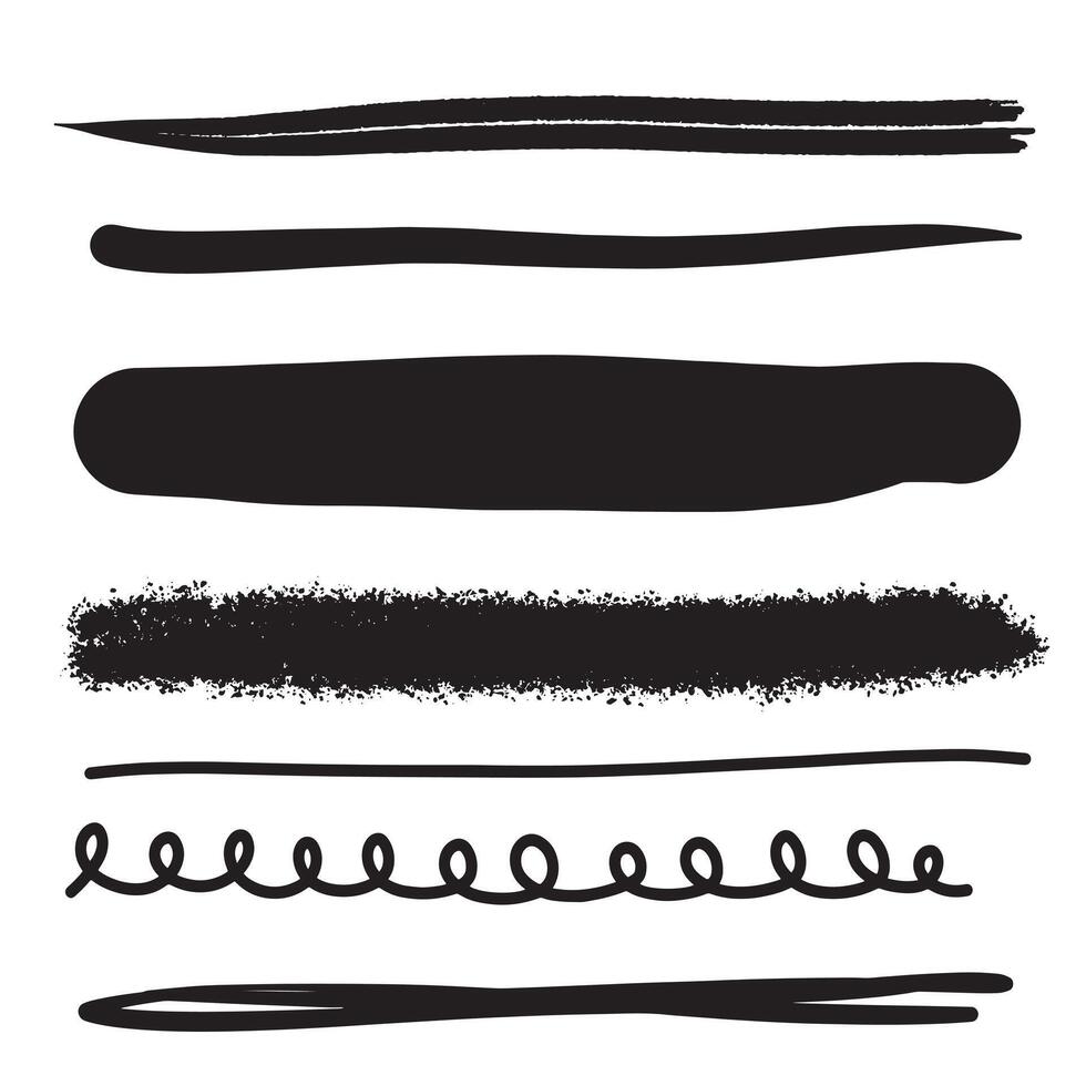 Set of artistic pen brushes. Hand drawn grunge strokes. Doodle lines, various dividers for web sites. Vector illustration