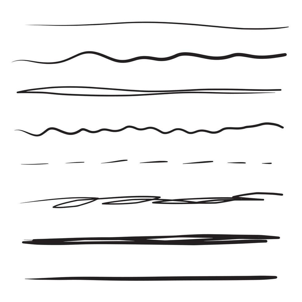 Set of artistic pen brushes. Hand drawn grunge strokes. Doodle lines, various dividers for web sites. Vector illustration