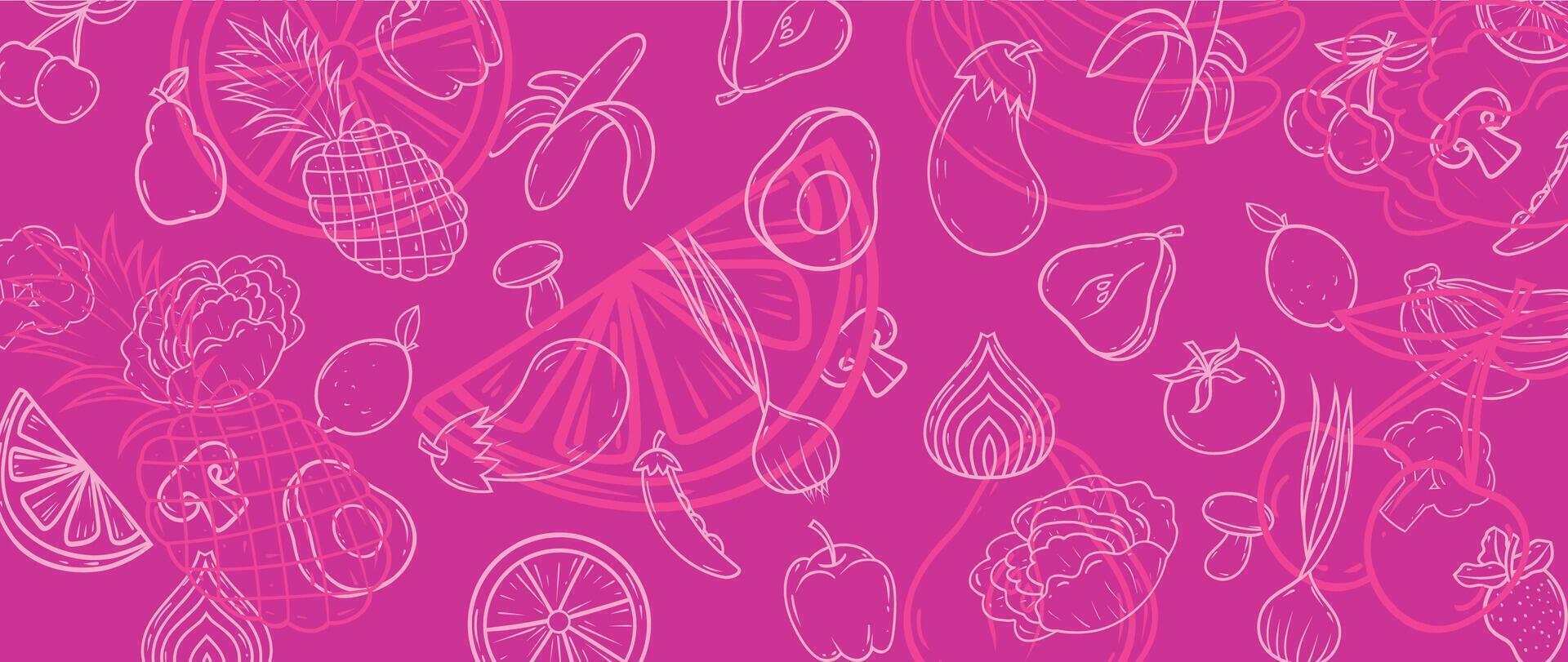 Banner with fruits and vegetables, wallpaper, background line art vector