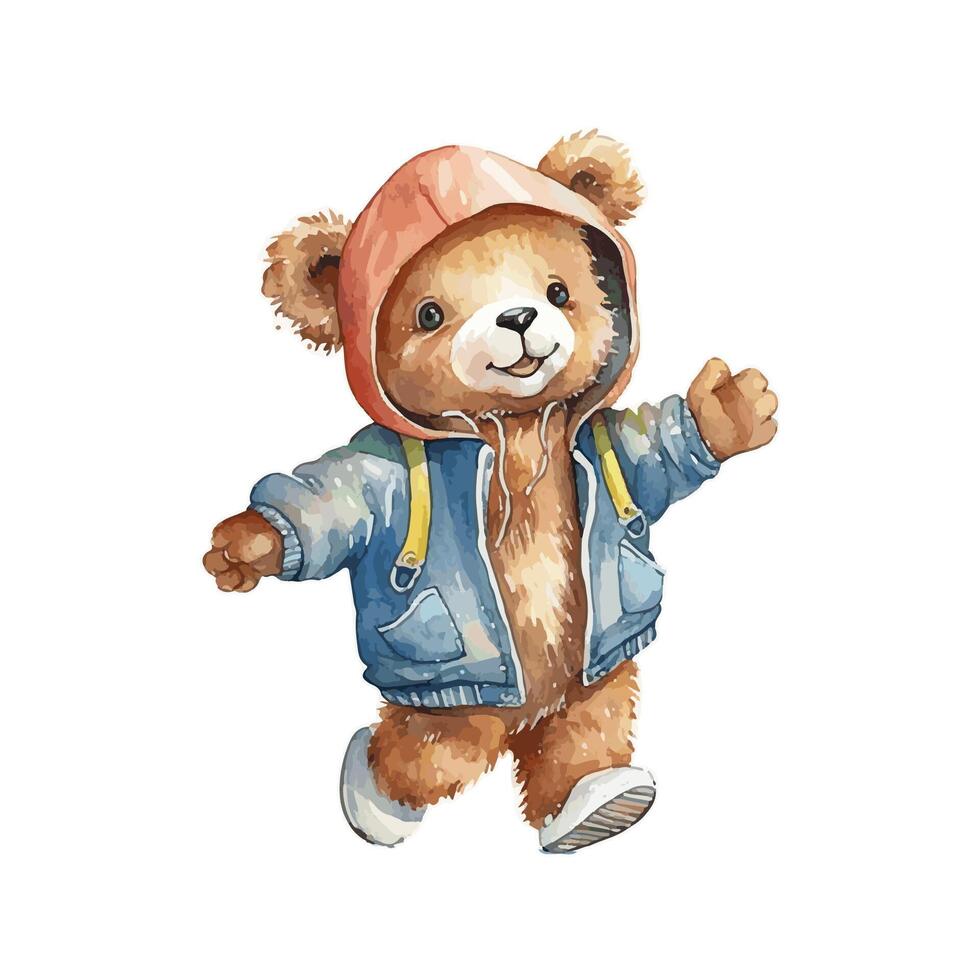 Watercolor Cute Teddy Bear With Hoodie Walk Dynamically vector