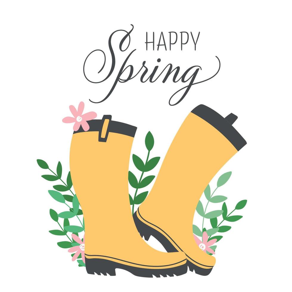 contento primavera. lluvia botas con flores y hojas. flores con botas de agua bandera. mano dibujado primavera imprimir, tarjeta, póster. primavera y Pascua de Resurrección fiesta concepto. linda caucho botas aislado en blanco. vector