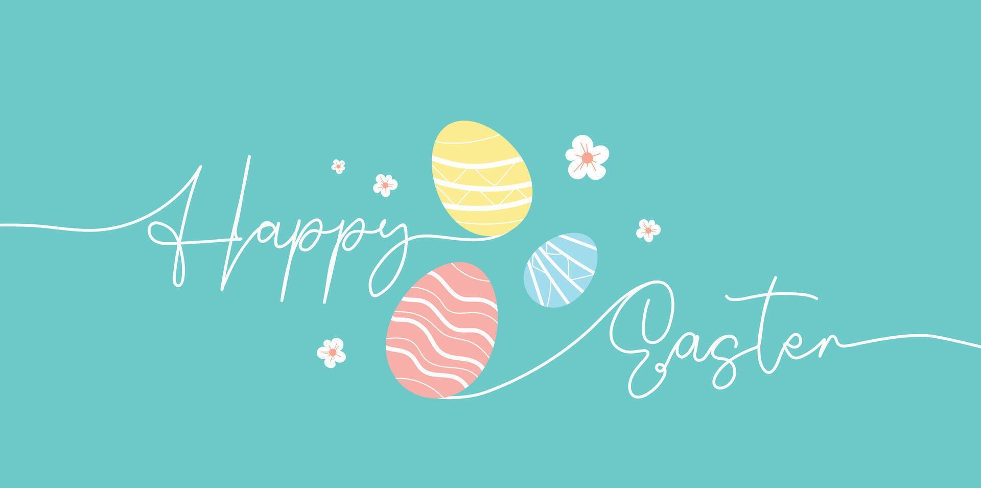 Happy Easter handwritten lettering line design. Easter eggs outline banner. Outline illustration on blue background with colored decorative eggs vector