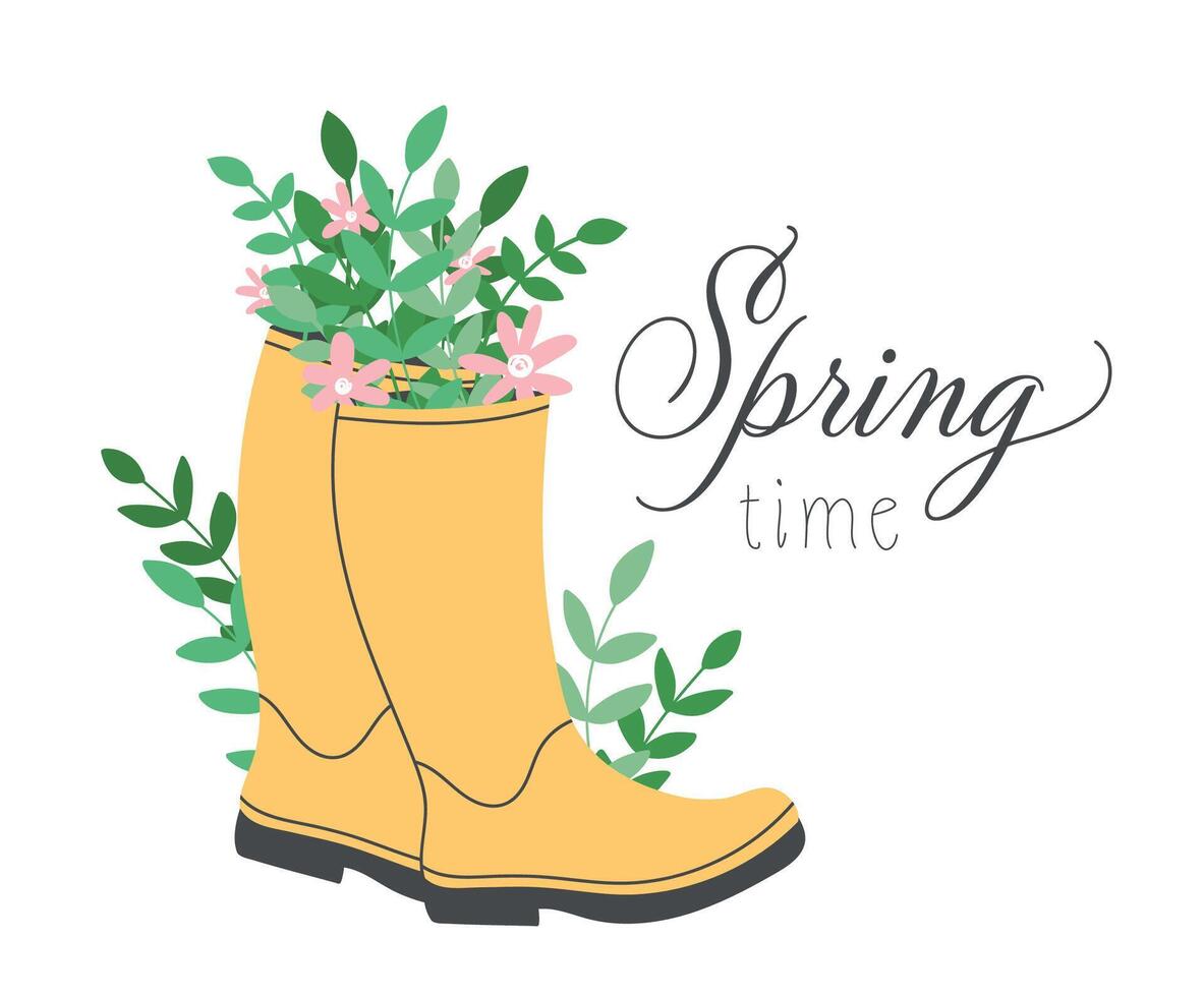 Rain boots with flowers and leaves. Bouquet flowers in rubber boots isolated on white. Flowers in wellies banner. Hand drawn spring print, card, poster. Spring and easter holiday concept. vector