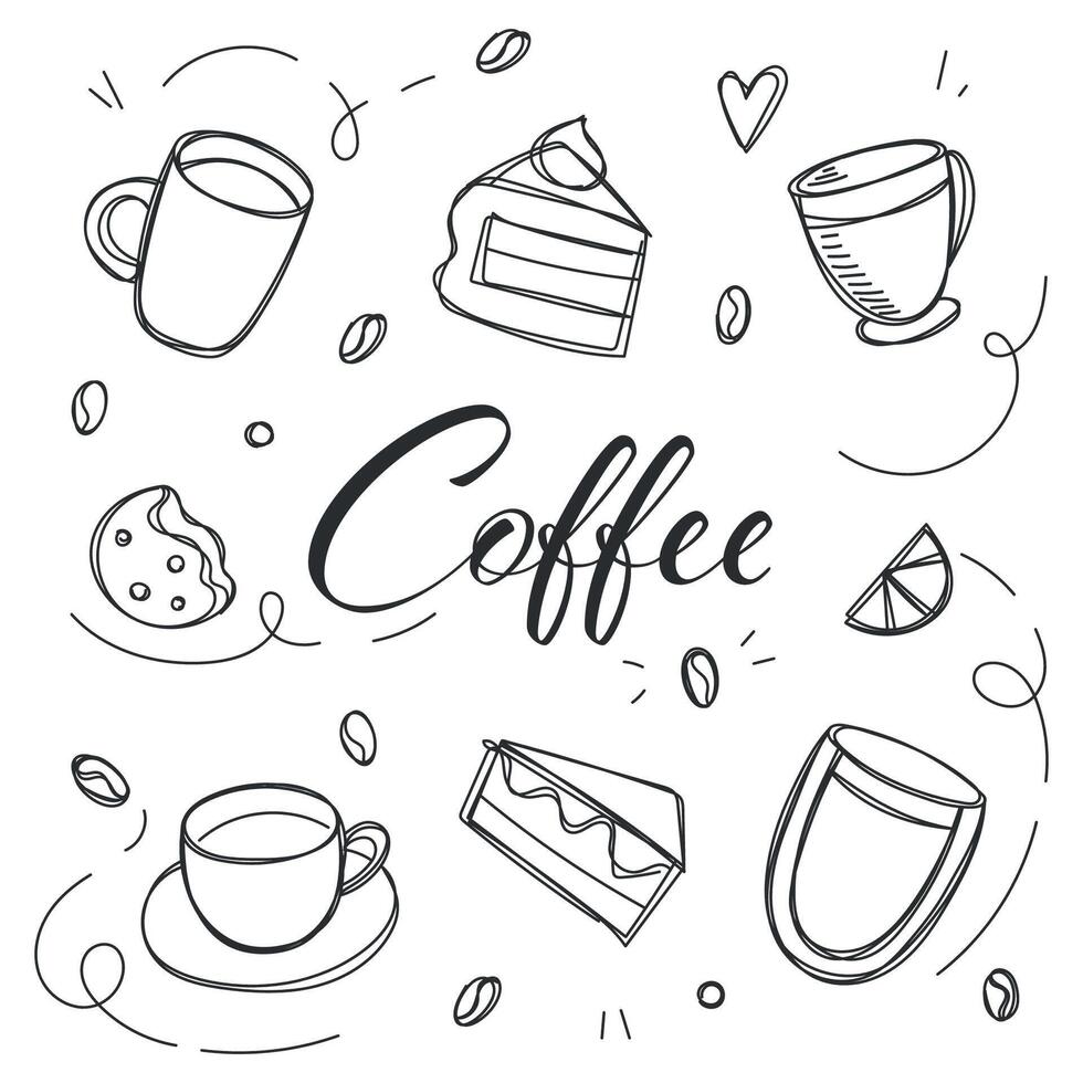 Coffee and desserts in doodle style drawn. Sketch of different cups of coffee and cappuccino. Art background for cafe shop, card, banner etc. vector