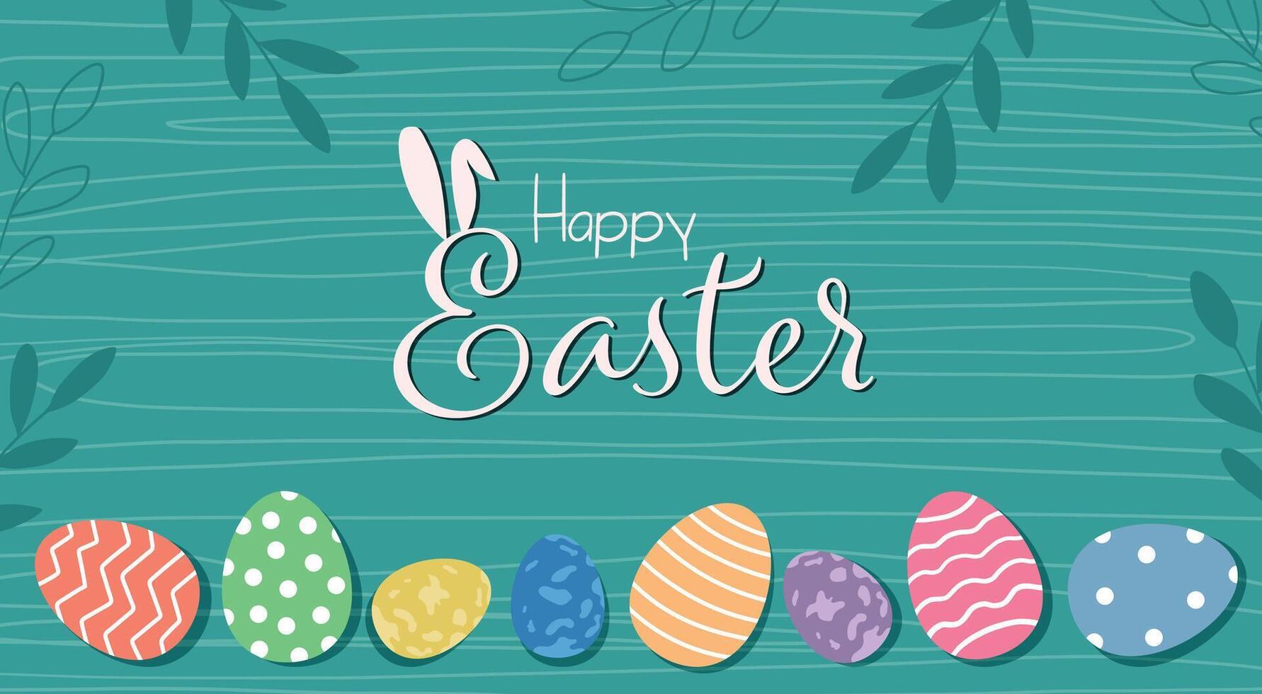 Bright Happy Easter banner with colored eggs on a decorative background. Happy Easter banner, poster, greeting card. Trendy Easter design with text, floral elements, eggs, bunny ears vector