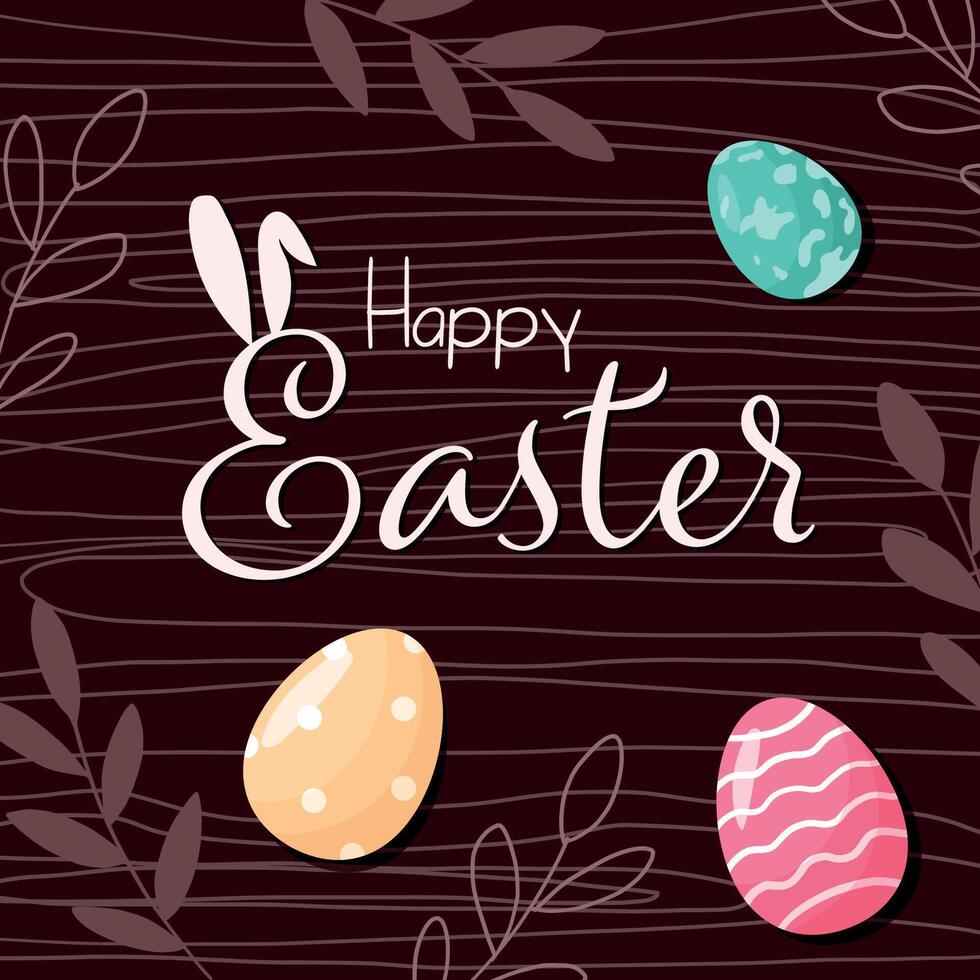 Happy Easter banner, poster, greeting card. Trendy Easter design with typography, floral elements eggs, bunny ears in pastel colors. Modern minimal style vector