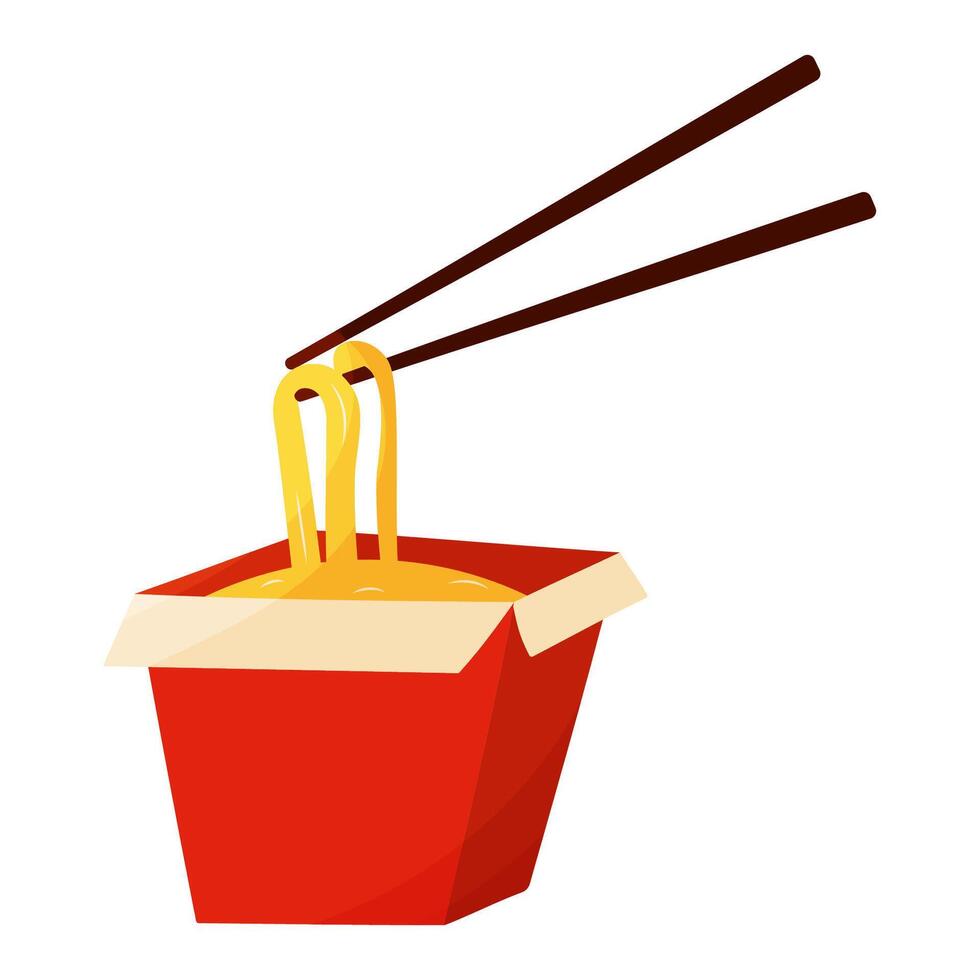 red box with noodles and chopsticks sticking vector