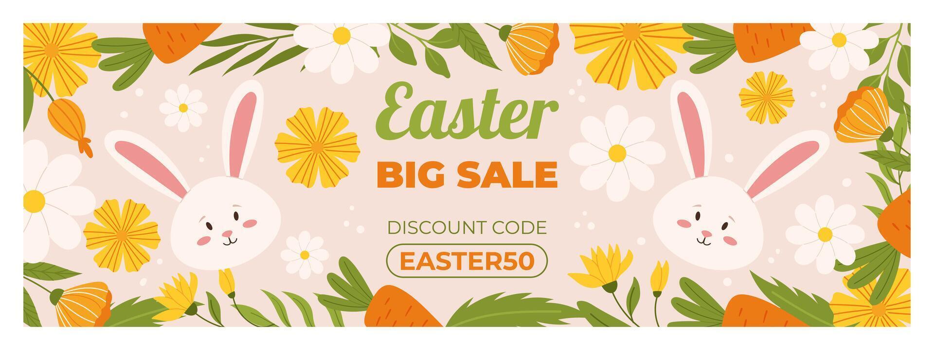 Easter sale horizontal banner template for promotion. Design with  painted eggs, flowers, carrots and cute bunny. Spring seasonal advertising. Hand drawn flat vector illustration