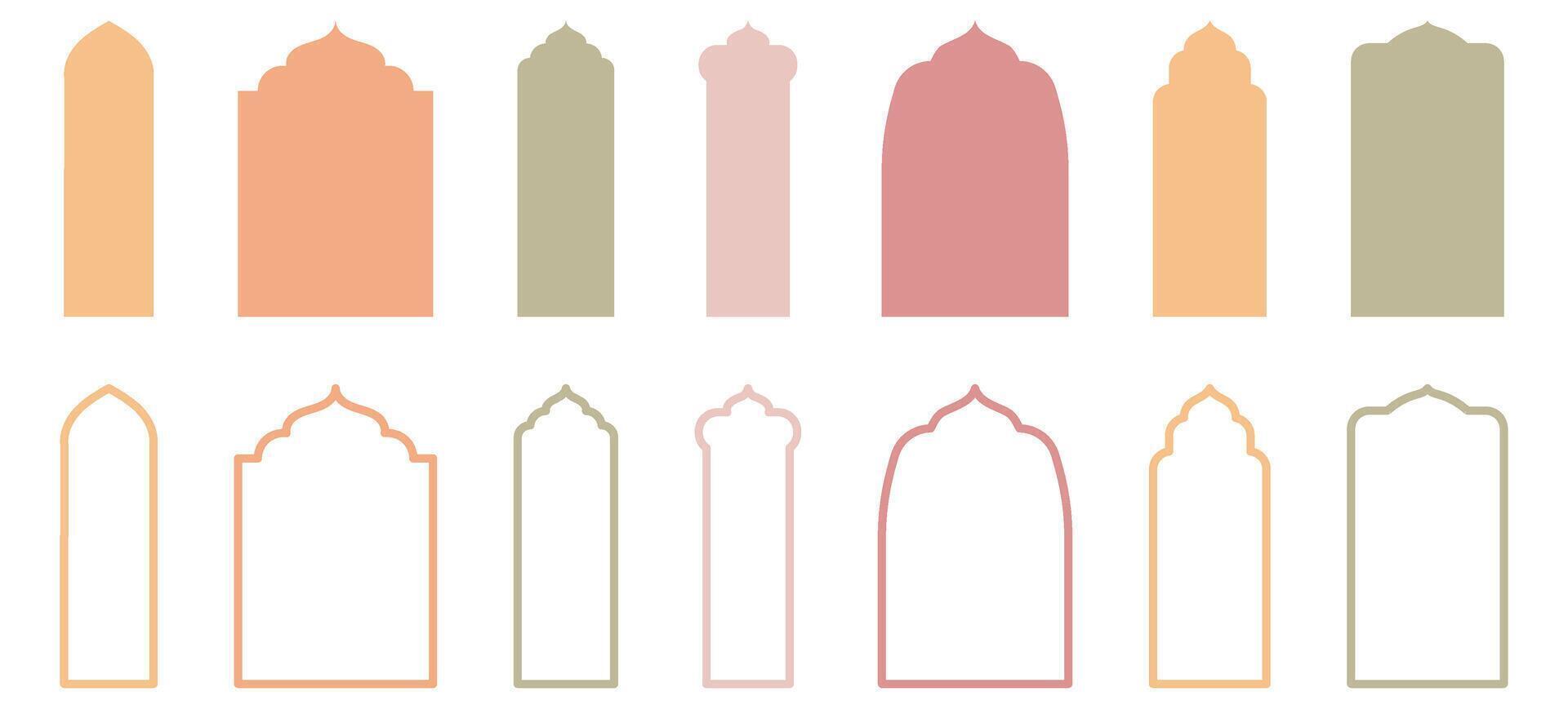 Assortment of Islam's traditional window or door designs. Collection of Mosque Muslim frames in both silhouette and outline. vector