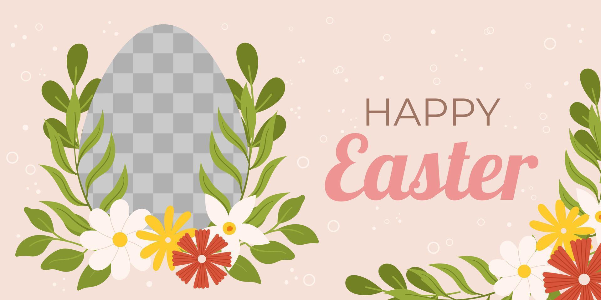 Easter horizontal background template. Design for celebration spring holiday with transparent frame for photo and flowers around. vector