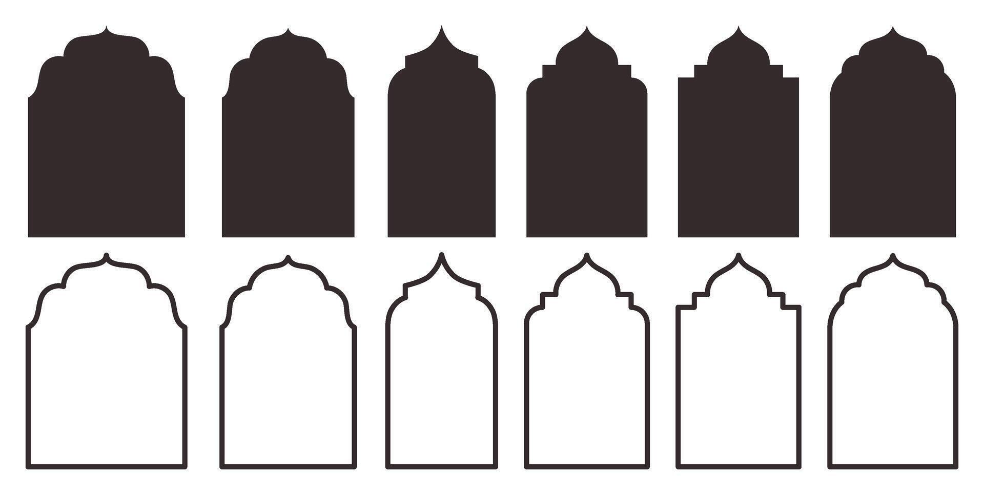 Collection of traditional Islamic window or door shapes. Set of Mosque Muslim frames in silhouette and outline. vector