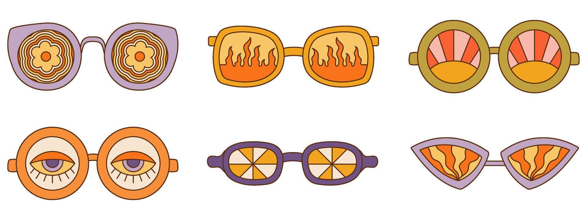 Retro Groovy sunglasses collection with different patterns. 1970's Vibe set vector