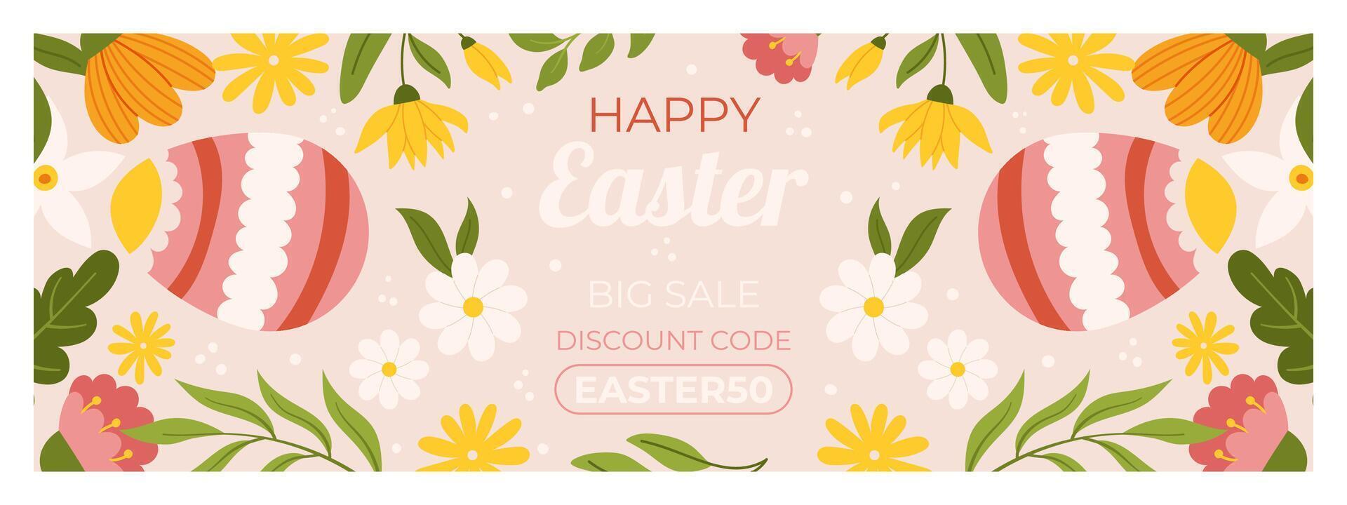 Easter sale horizontal banner template for promotion. Design with  two painted eggs, floral elements, symmetrical composition. Hand drawn flat vector illustration