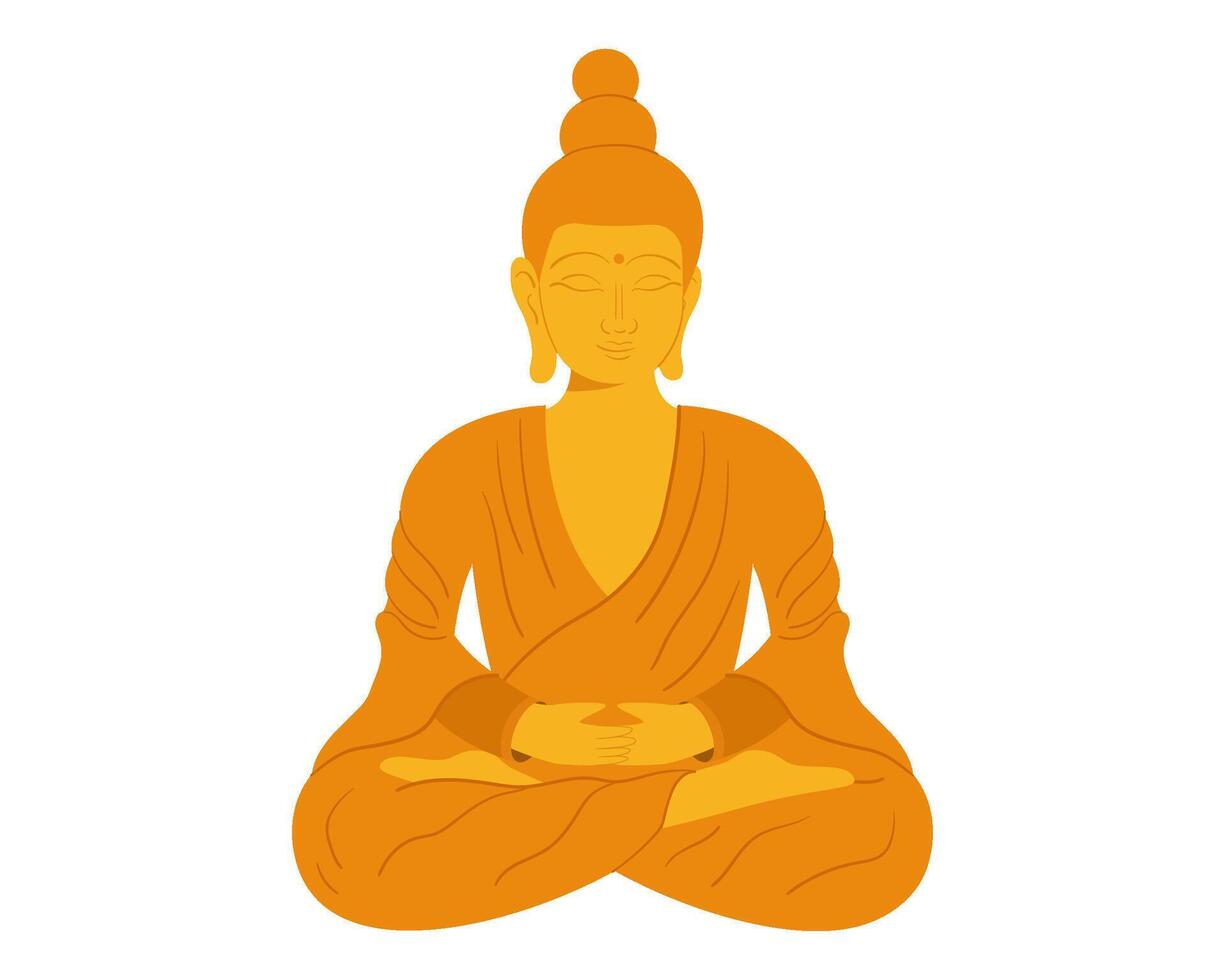 Golden Buddha statue. Sitting monk sculpture in flat vector style