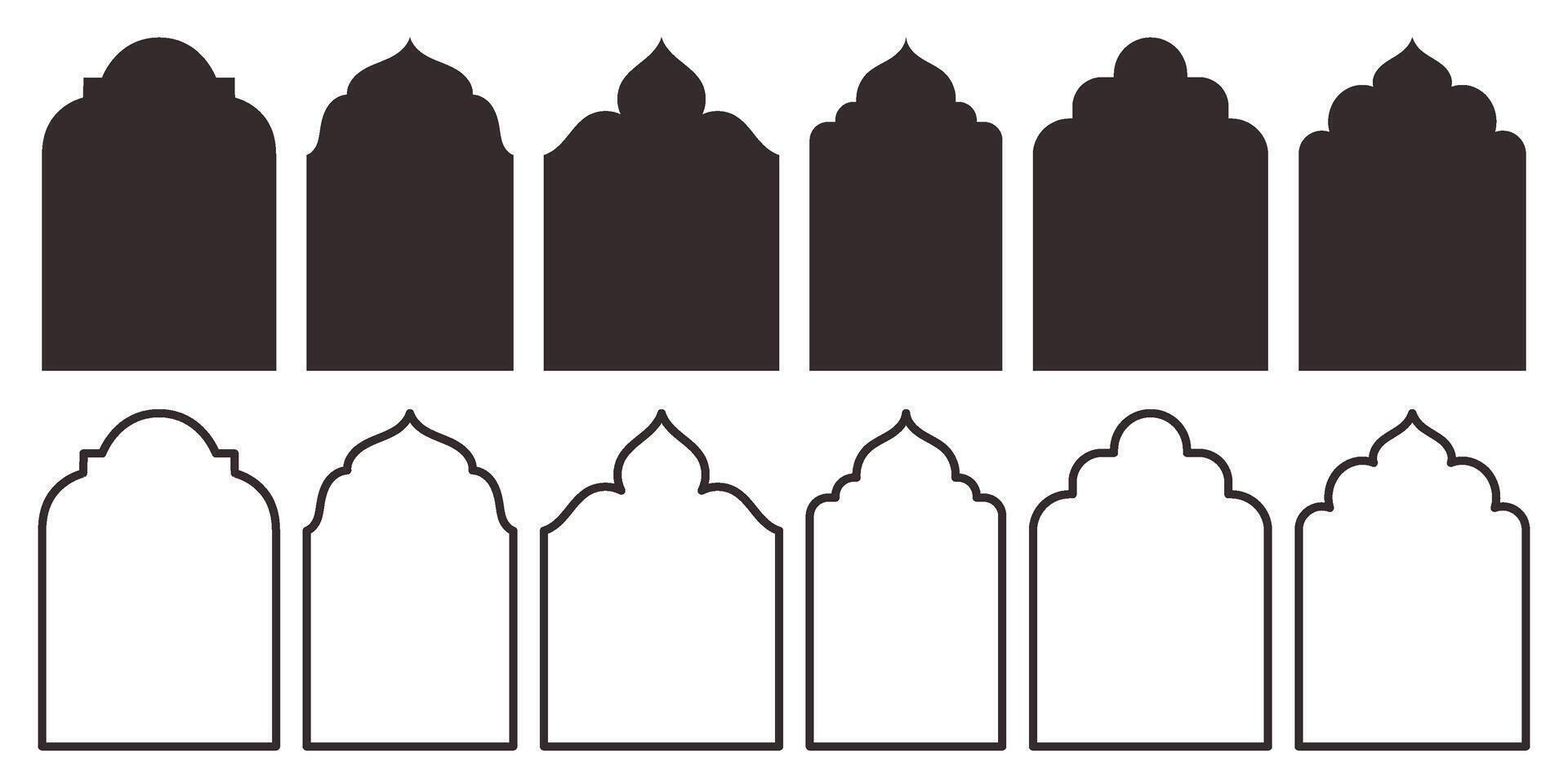 Islam traditional windows or doors shape collection. Set of silhouette and outline Mosque muslim frame vector