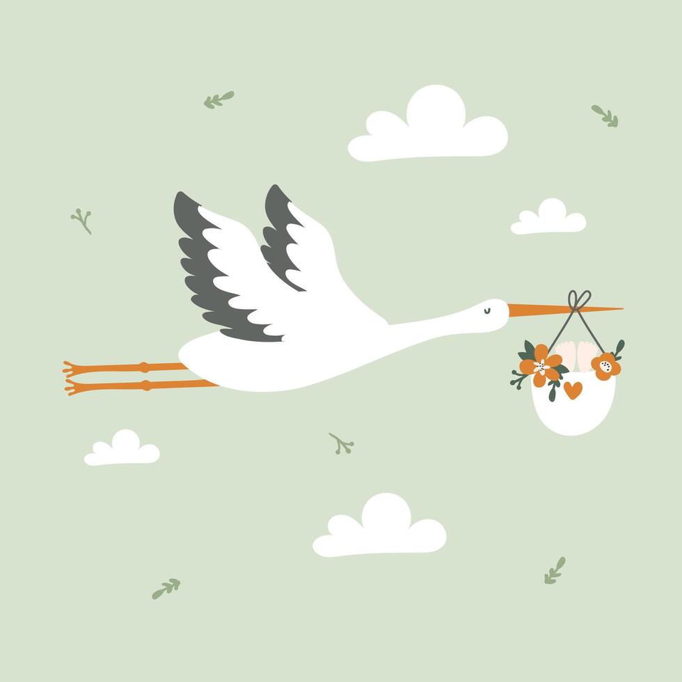 Cute stork carrying baby. Can be used for cards, flyers, posters, t-shirts. Vector