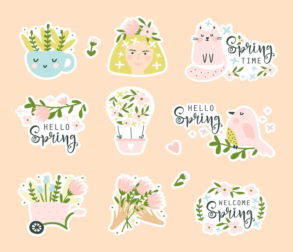 Spring sticker set. Vector illustration