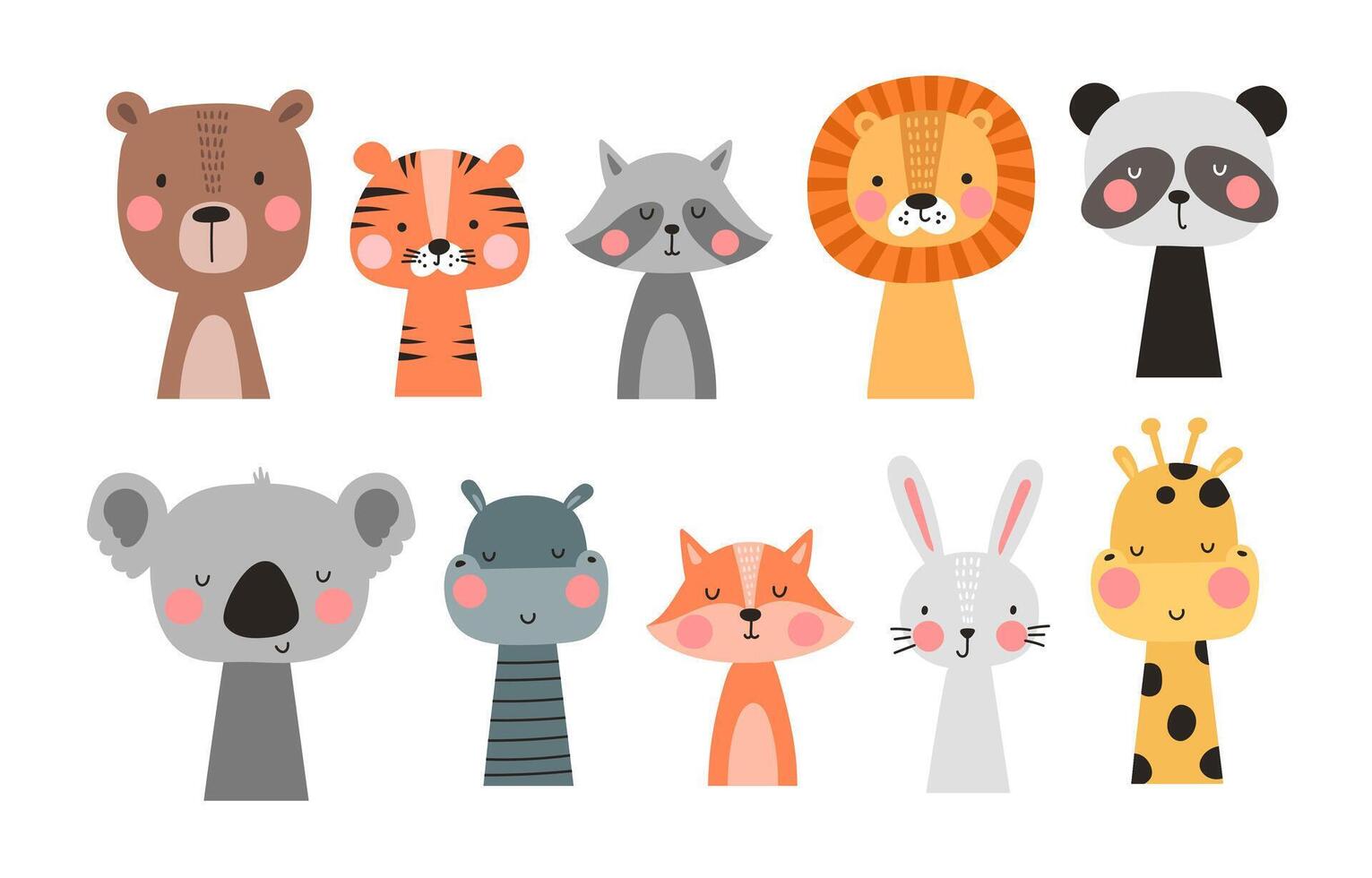 Cartoon cute animals set for baby card and invitation. Vector illustration. Lion, bunny, bear, panda, tiger, rabbit, fox.