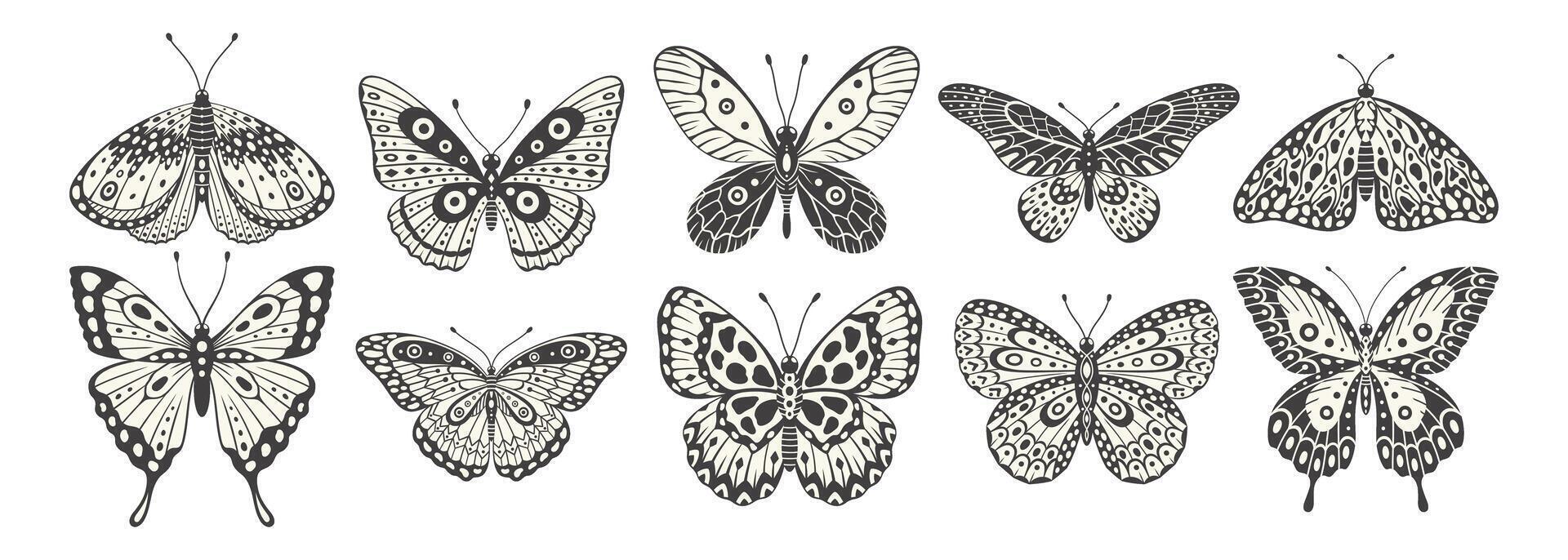 Butterfly and moth set, vector. Y2k style aesthetic, wing shapes in front view, magic symbols collection, abstract illustration. Black and white tattoo print vector