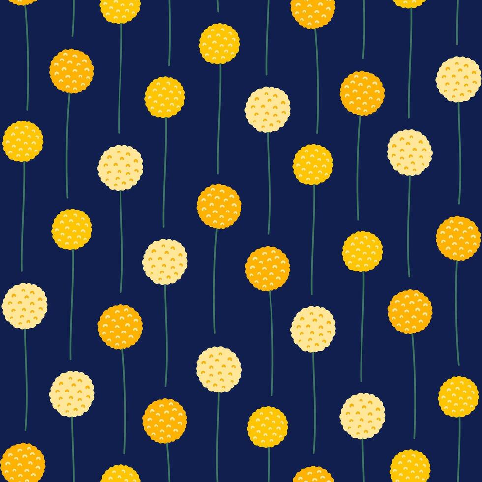 Yellow blooming herbs on a dark blue background, seamless pattern. Summer bright floral vector illustration. Spring meadow botanical print, wild round shape plants