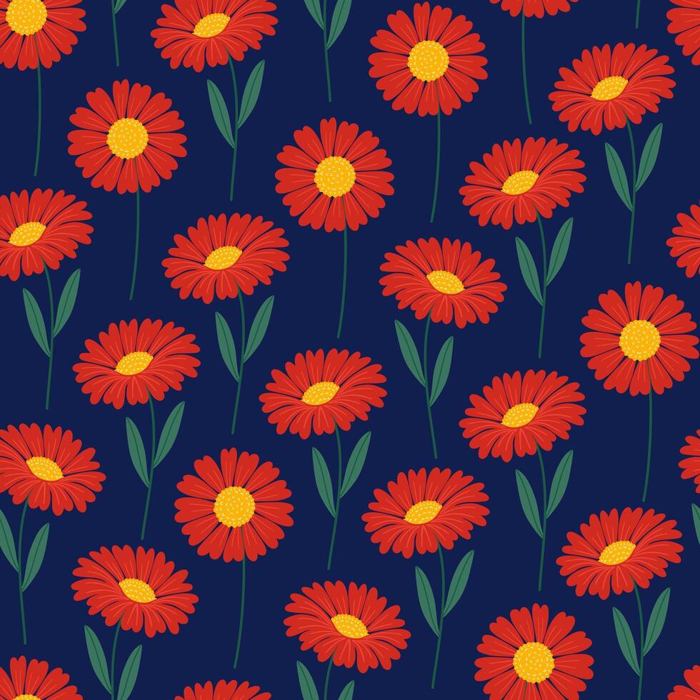 Seamless pattern with red gerbera flowers on a dark background. Summer floral vector illustration. Bright spring botanical print, modern style design