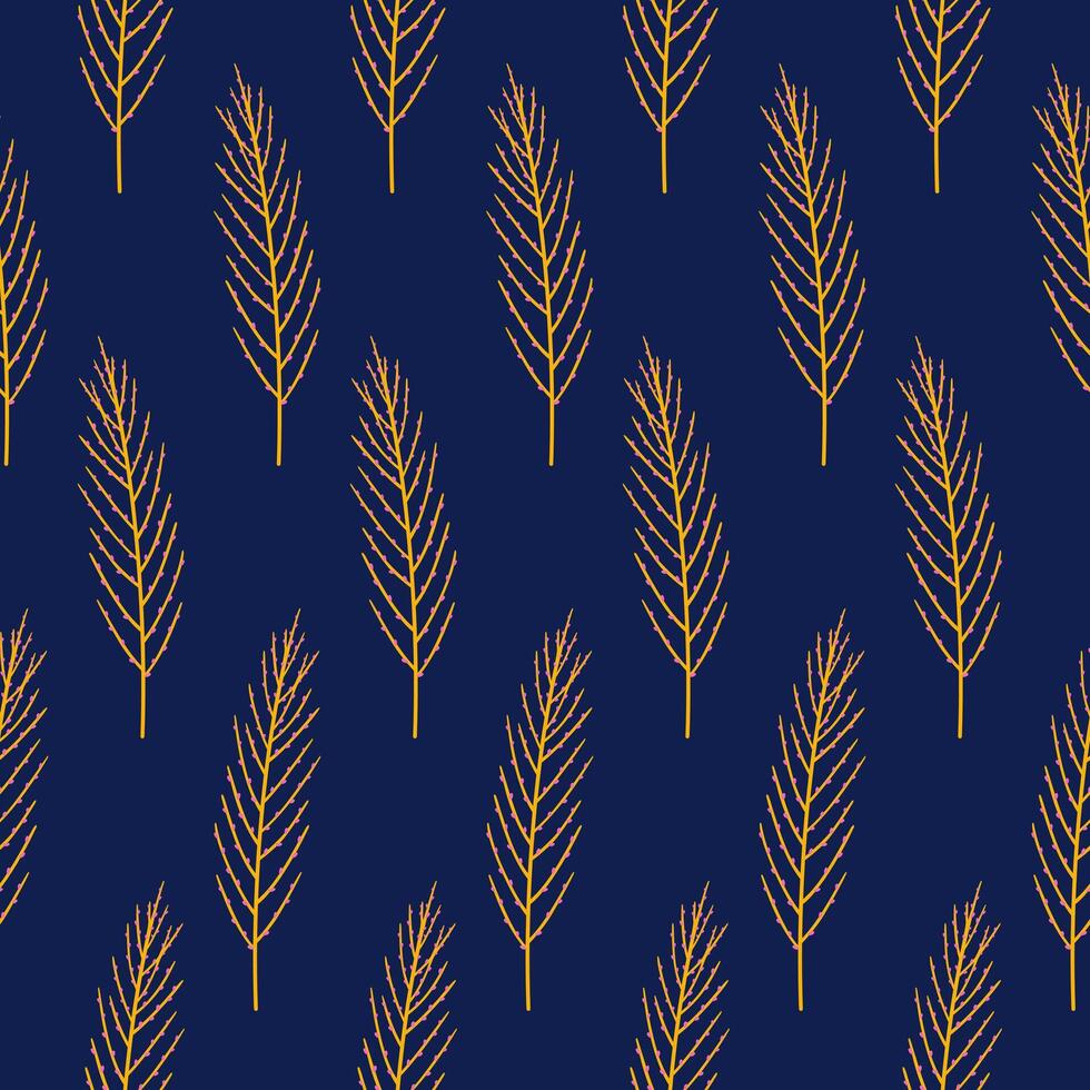 Twigs with berries, seamless pattern. Blooming herbs on a dark blue background. Summer floral vector illustration. Spring meadow botanical print, wild plants fabric