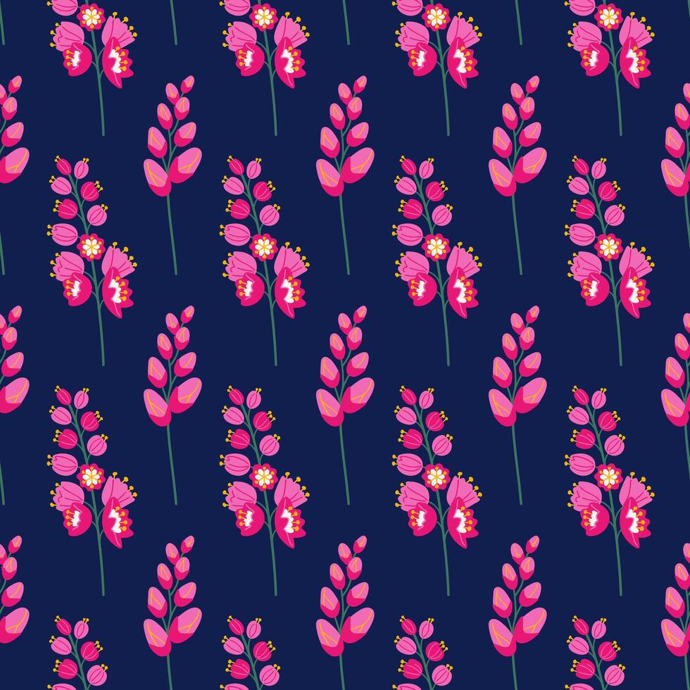 Seamless pattern with bud pink wildflowers on a dark blue background. Meadow flowers, floral summer vector illustration. Spring botanical fabric