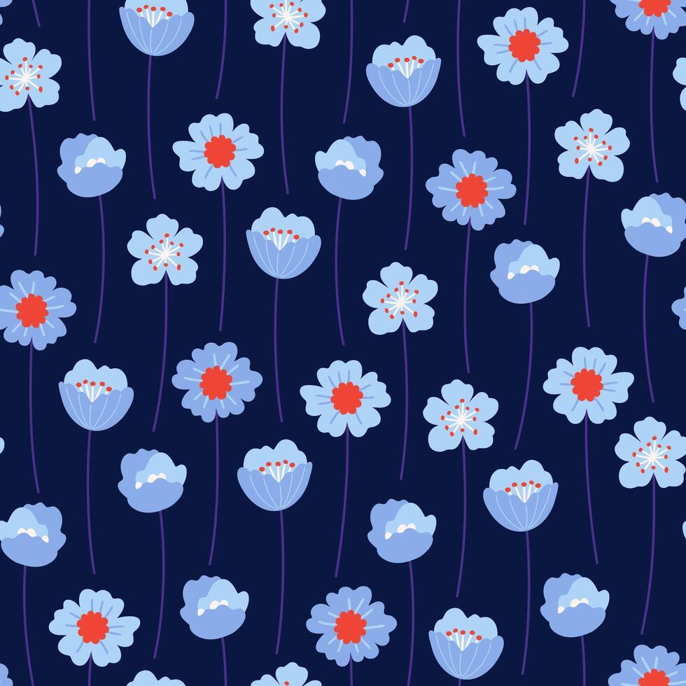 sin costura modelo con ligero azul flores silvestres en un oscuro antecedentes. prado flores, floral verano vector ilustración. brillante primavera botánico imprimir, moderno estilo diseño