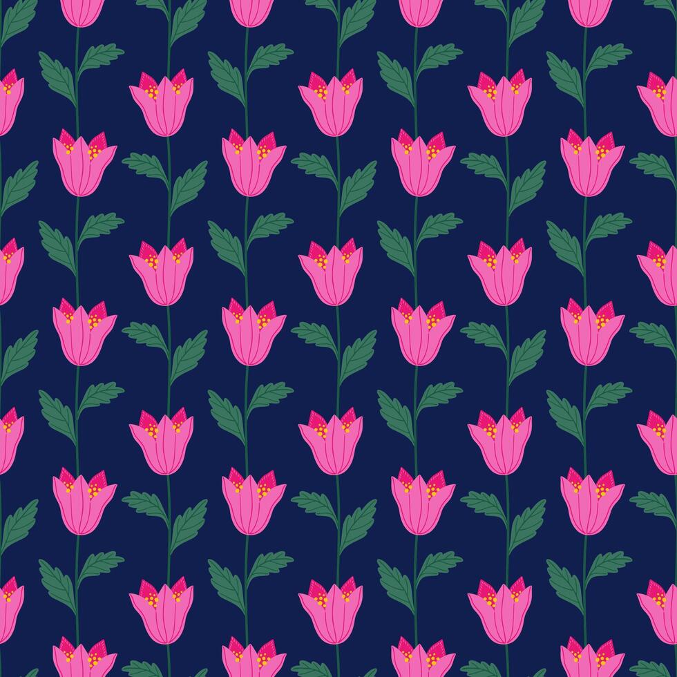 Pink field bells with green leaves on a dark blue background, seamless pattern. Summer floral vector illustration. Spring meadow botanical print, wildflower wallpaper, fabric. Modern style design