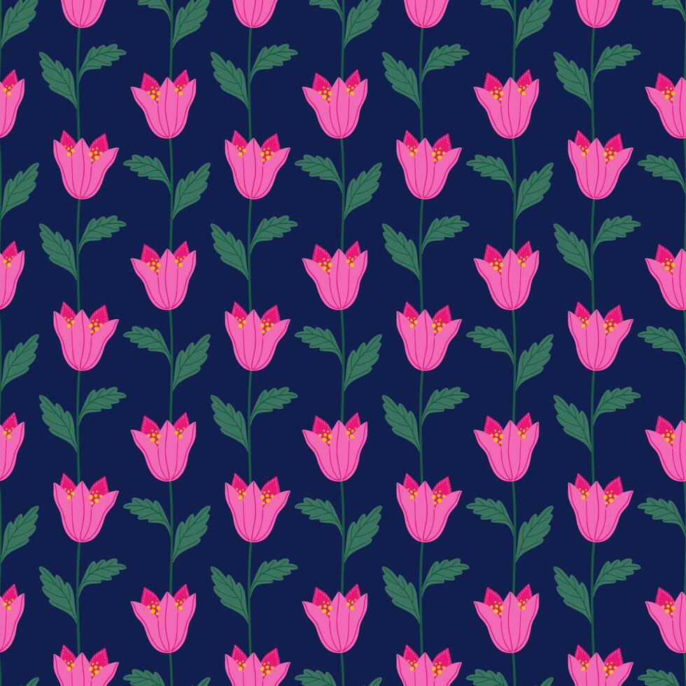 rosado campo campanas con verde hojas en un oscuro azul fondo, sin costura modelo. verano floral vector ilustración. primavera prado botánico imprimir, flor silvestre fondo de pantalla, tela. moderno estilo diseño