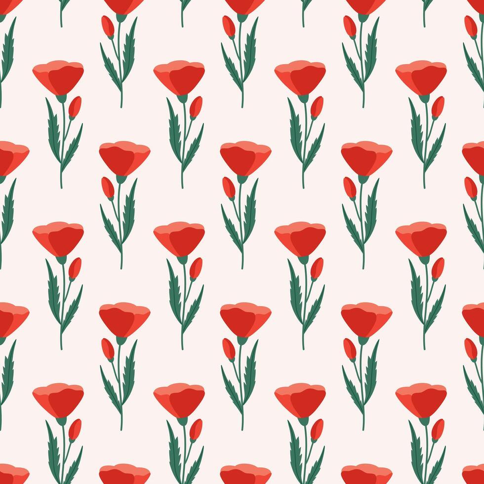 Red poppies with green leaves on a beige background, seamless pattern. Summer floral vector illustration. Spring meadow botanical print, wildflower wallpaper, fabric. Modern style design