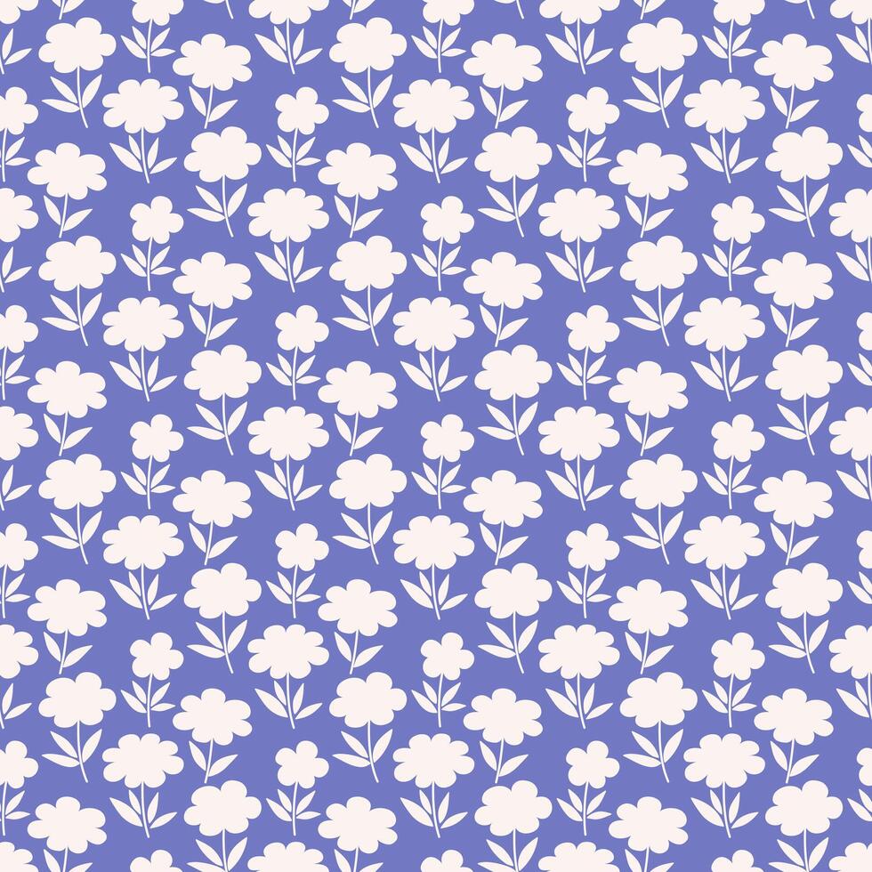 Ditsy style fabric, floral seamless pattern. Vintage decorative print with small white flowers and leaves on a violet background. Vector illustration