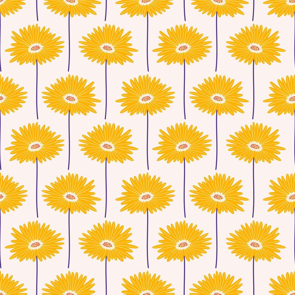 Seamless pattern with yellow gerbera flowers on a beige background. Summer bright floral vector illustration. Spring botanical print, modern style design