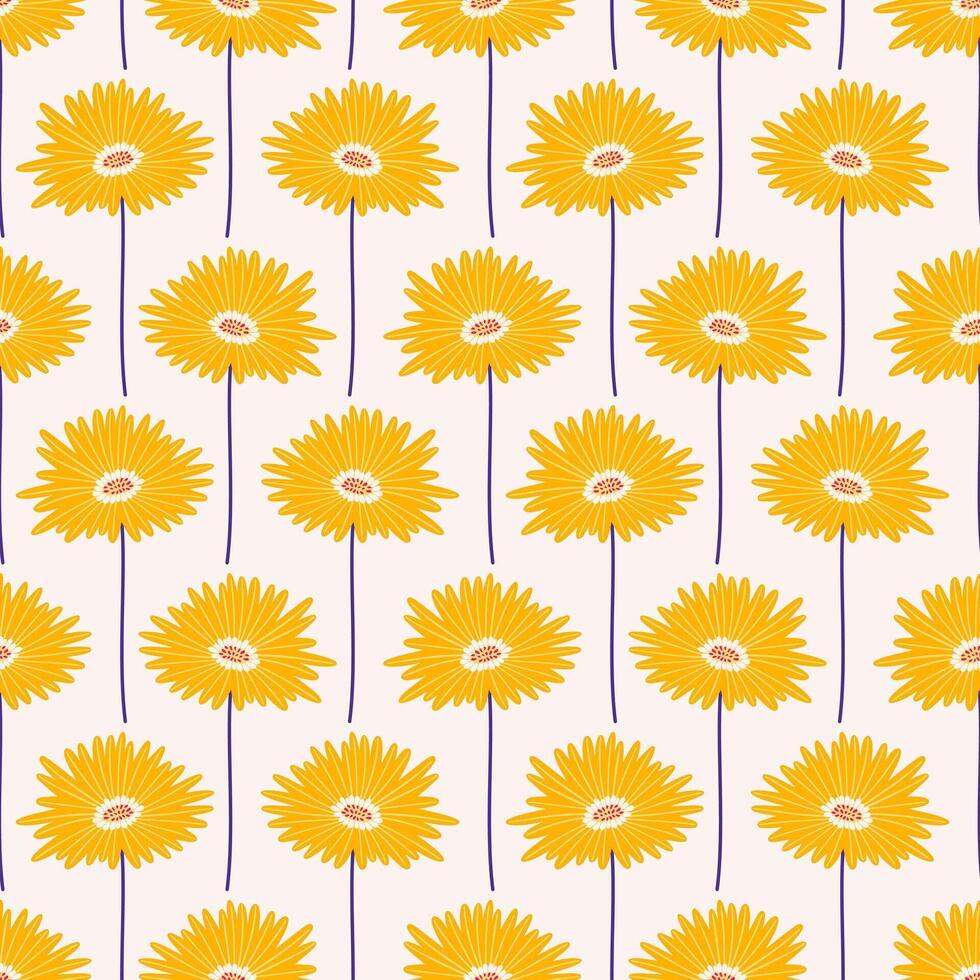 Seamless pattern with yellow gerbera flowers on a beige background. Summer bright floral vector illustration. Spring botanical print, modern style design