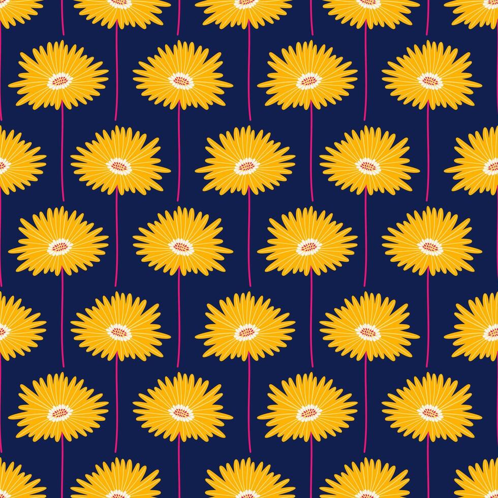 Seamless pattern with yellow gerbera flowers on a dark blue background. Summer bright floral vector illustration. Spring botanical print, modern style design