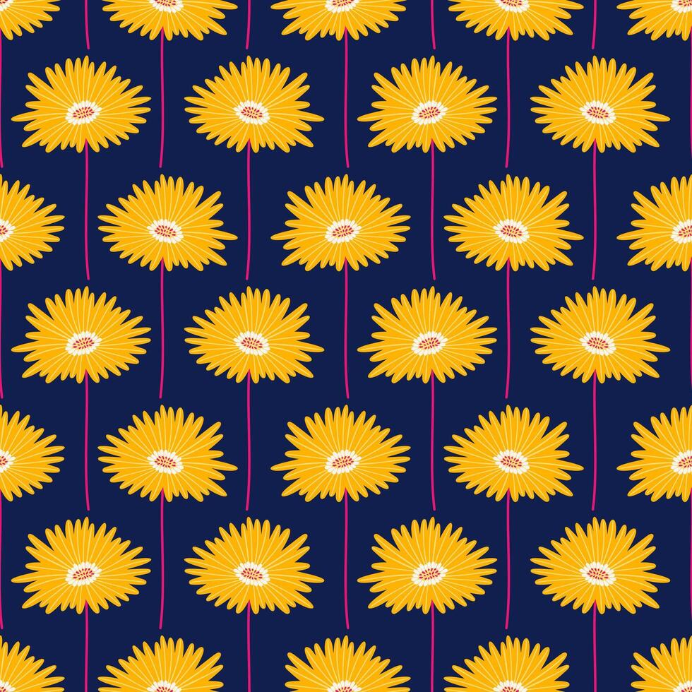 sin costura modelo con amarillo gerbera flores en un oscuro azul antecedentes. verano brillante floral vector ilustración. primavera botánico imprimir, moderno estilo diseño