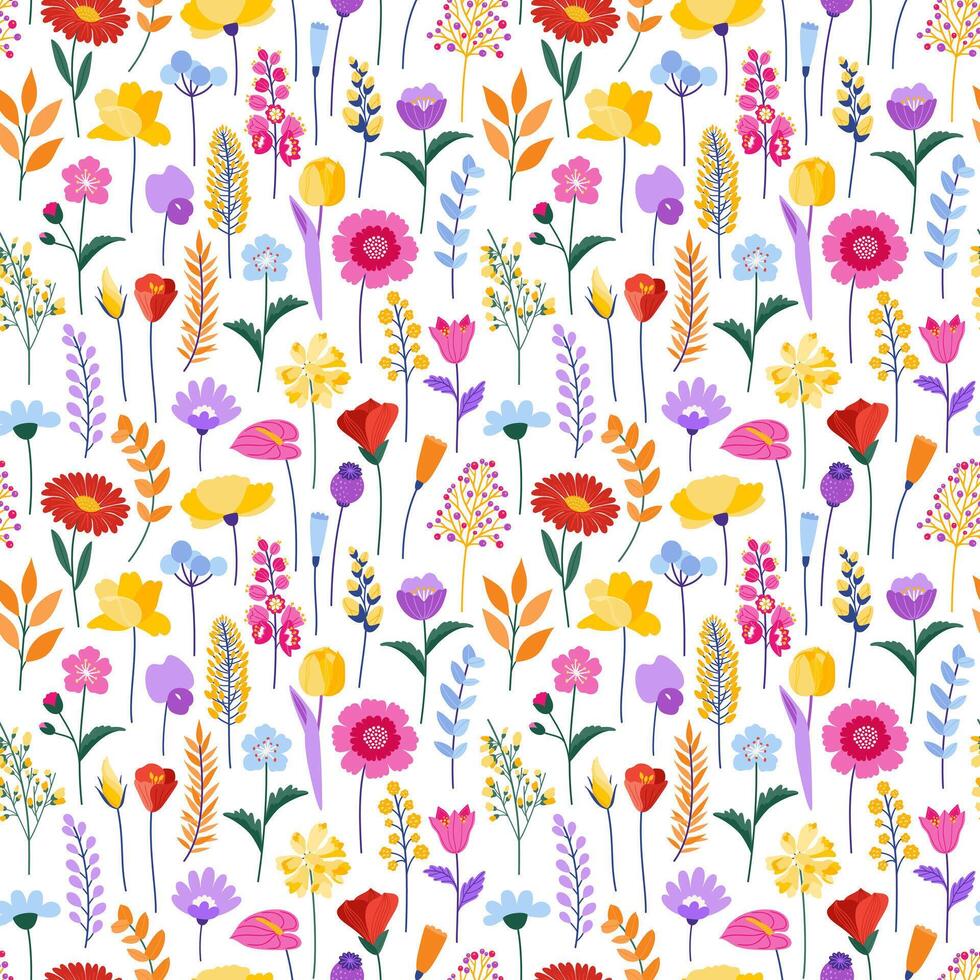 Wildflower seamless pattern. Meadow colorful flowers and herbs on a beige background. Floral summer vector illustration. Spring botanical background, modern style design