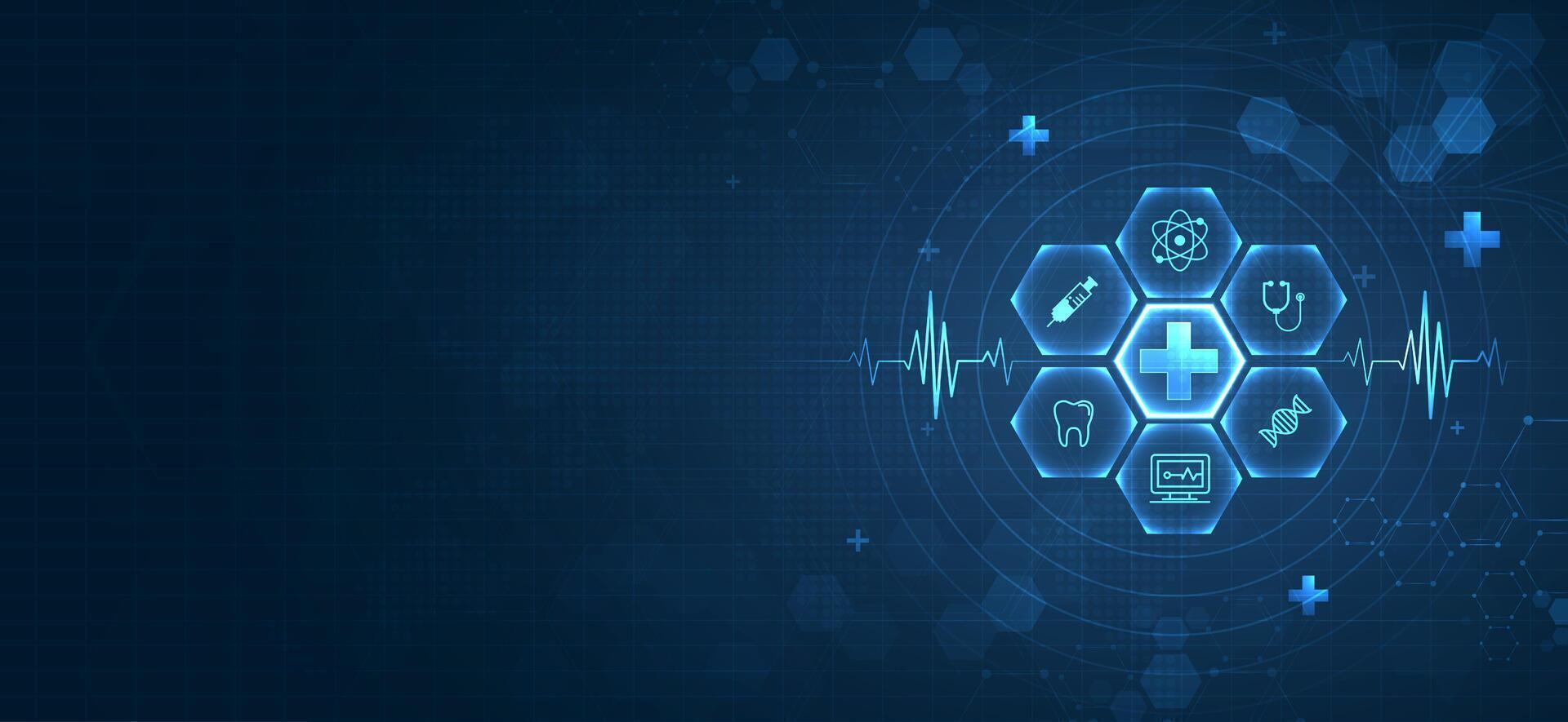 Health care medical science with icon digital technology world concept modern business. innovation, treatment, medicine. abstract about hi tech future blue background and medical research. vector. vector