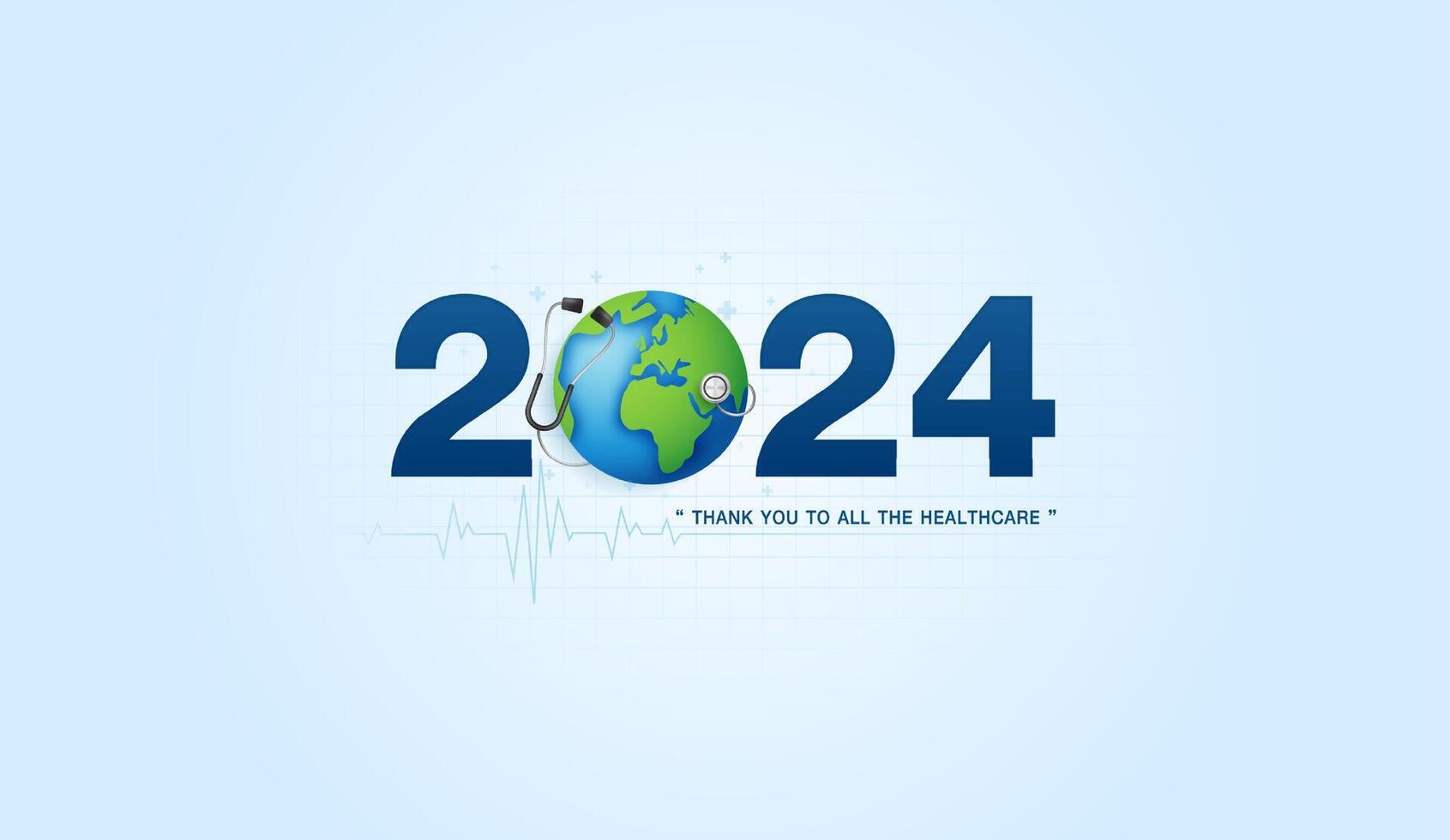 2024 salud cuidado con estetoscopio, mundo y latido del corazón. contento nuevo año para salud cuidado, seguro, bienestar y médico concepto. vector diseño