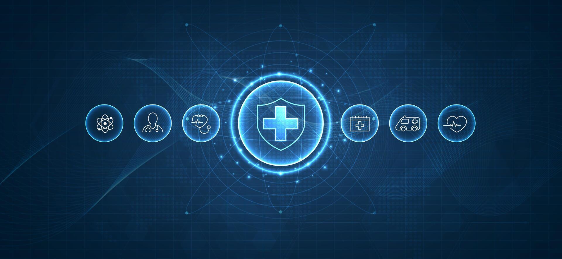 Health care medical science with icon digital technology world concept modern business. innovation, treatment, medicine. abstract about hi tech future blue background and medical research. vector. vector