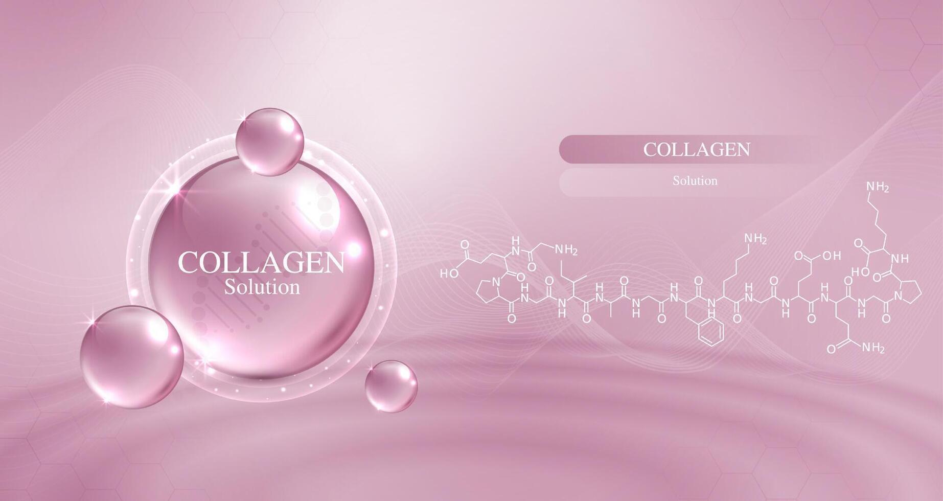 colágeno solución y adn en un rosado antecedentes. vitamina solución complejo con químico fórmula desde naturaleza. belleza tratamiento nutrición piel cuidado diseño. médico y científico conceptos. vector diseño.