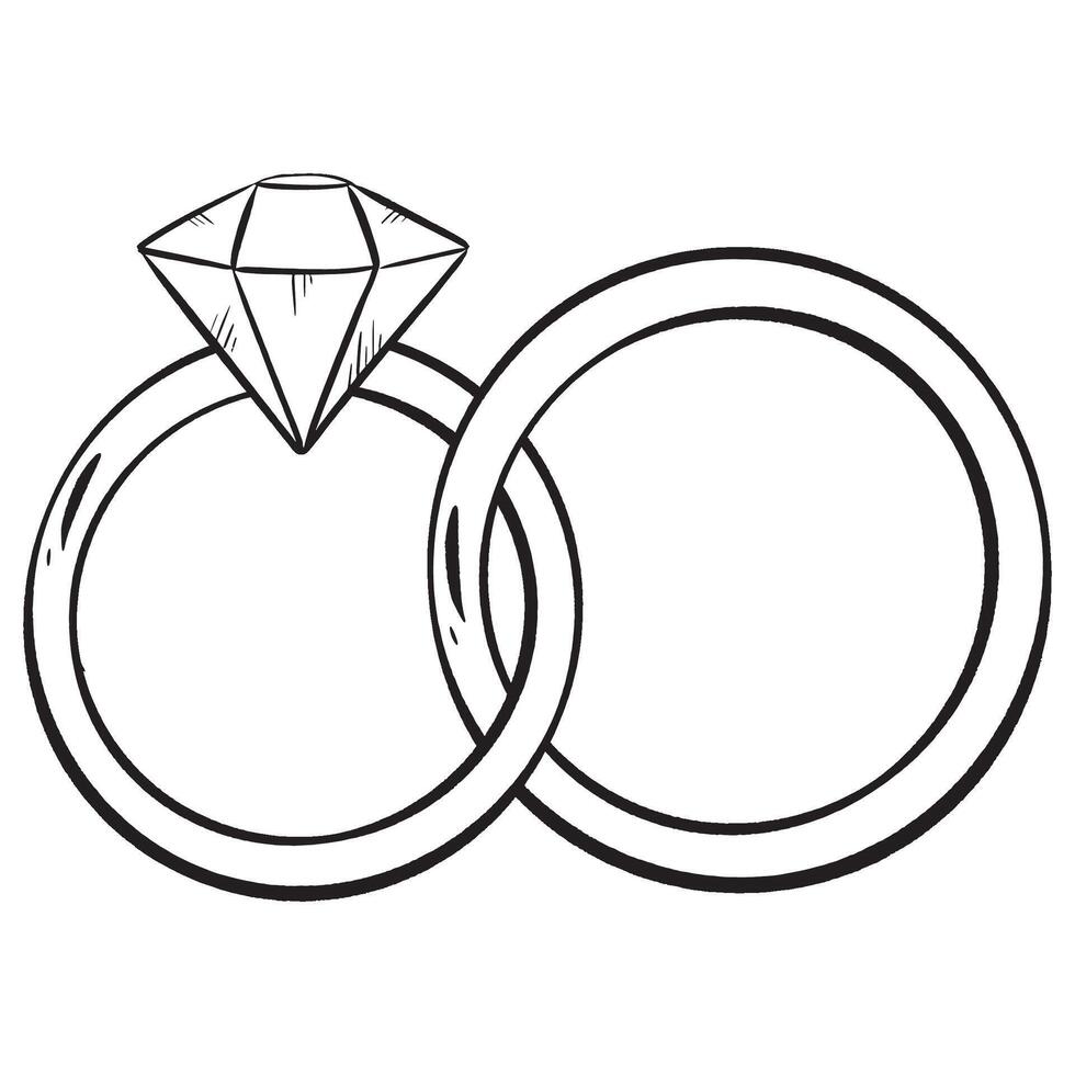 artístico negro y blanco dibujo de dos Boda anillos con un diamante habitación central vector