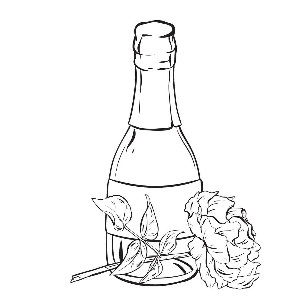 Monochrome drawing featuring a glass bottle of wine and a delicate flower vector