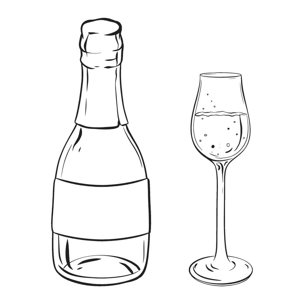 Monochrome illustration of a wine bottle and glass on a table vector