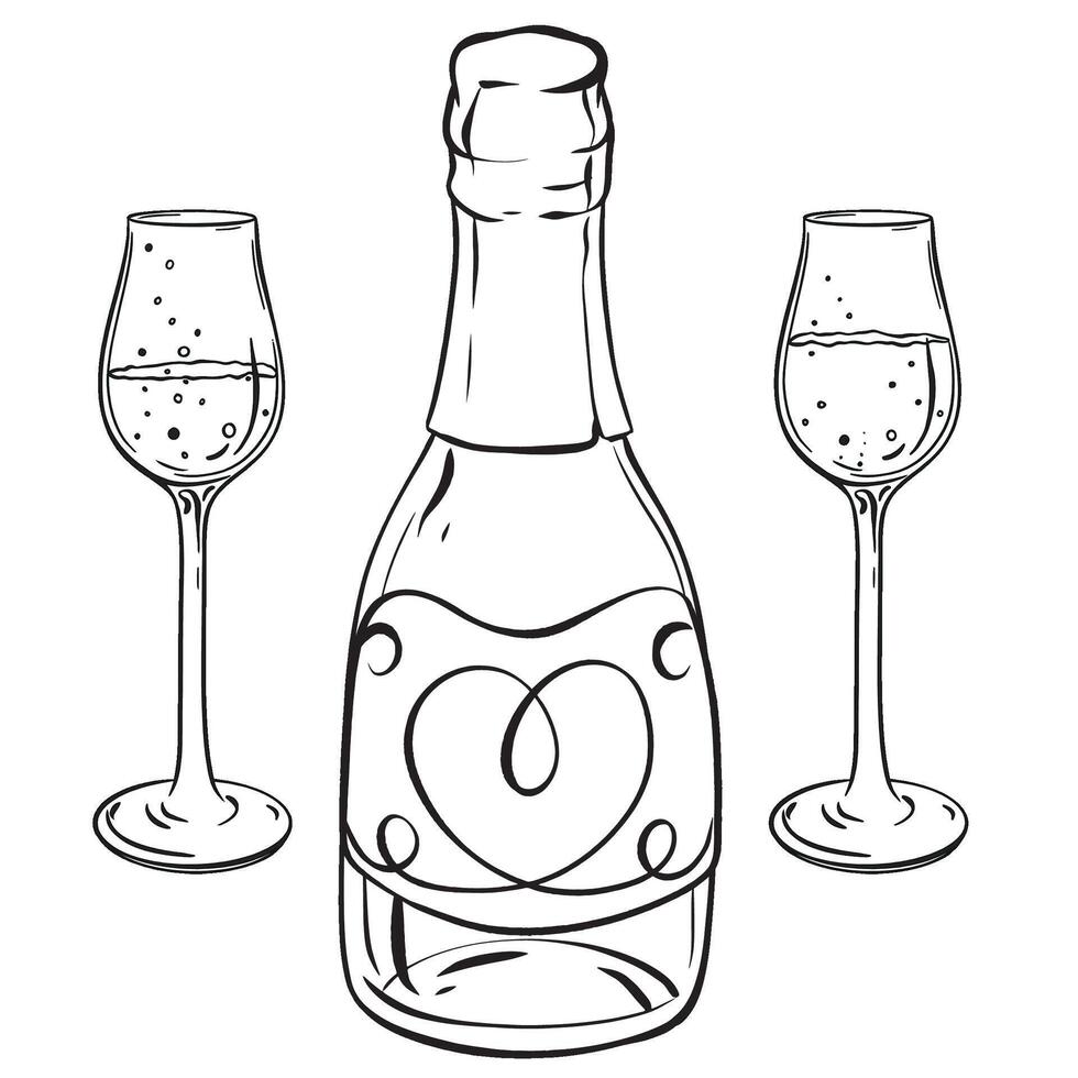 un negro y blanco dibujo de un botella de champán y dos vino lentes vector