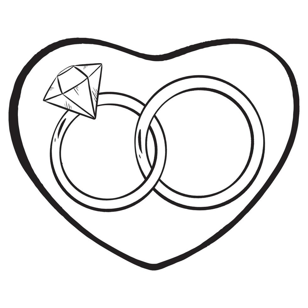 A black and white drawing of two wedding rings with a diamond in a heart vector